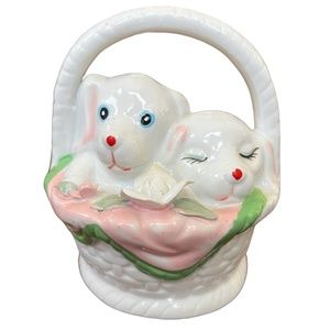 Vintage Nanco Porcelain Puppies in a Basket Coin Bank 4.5" Tall